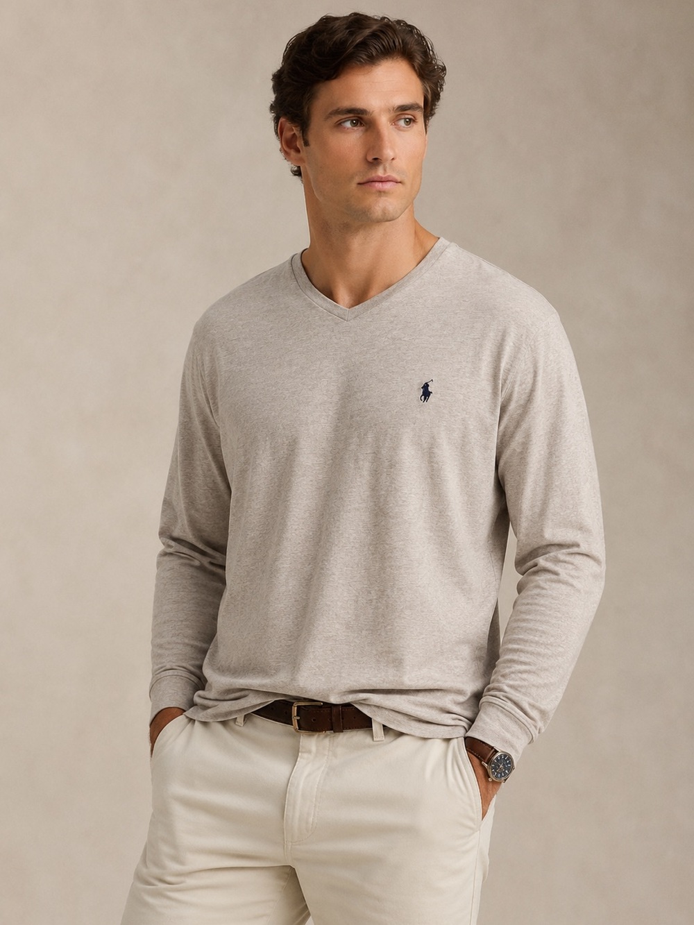 Ralph Lauren Men's V-Neck Long Sleeve Tee in Light Taupe
